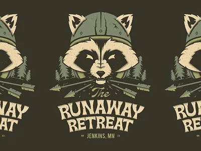 Runaway Retreat arrow camping helmet illustraion lockup minnesota moto motorcyle pine trees poster raccoon script texture trash panda typogaphy woods