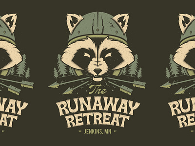 Runaway Retreat arrow camping helmet illustraion lockup minnesota moto motorcyle pine trees poster raccoon script texture trash panda typogaphy woods