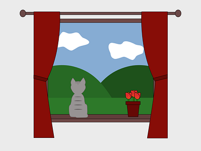 Cat on Windowsill cat flowers illustration outdoors window