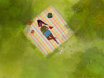 Picnic affinity designer black bunny calm character colorful flat illustration girl green illustration music nature outside picnic safe shadow sleeping social distancing sun trees