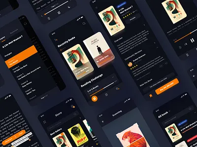 Online Book Application Concept audio app audiobook bookstore camera dark darkmode elibrary homescreen menu music music app music player podcast profile reader scanner sidebar sidemenu store store design