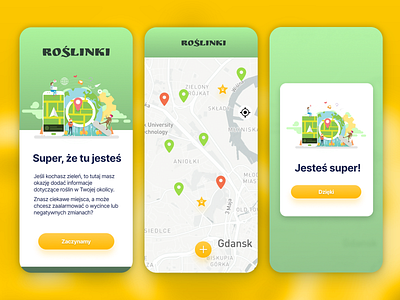 Roslinki - plants map app clean cta cta button green hackathon map minimal pins plants splash splashscreen tagging ui yellow