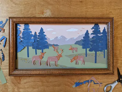 Cut paper elk mountain scene art cut paper illustration nature paper paper art papercut
