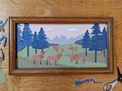 Cut paper elk mountain scene art cut paper illustration nature paper paper art papercut