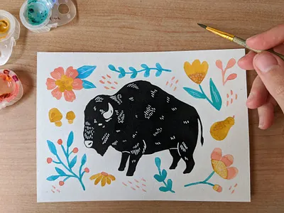 Shaggy bison florals art illustration nature painting screen print screenprint screenprinting