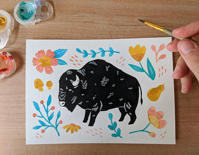 Shaggy bison florals art illustration nature painting screen print screenprint screenprinting