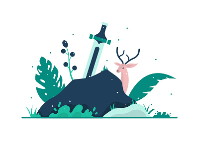 Excaliburn flat illustration deer deer illustration dribbblers flat illustration illustration art ilustrator rock swords web