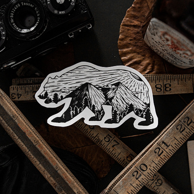 Mountain Bear Sticker - Austin Moncada bear bear illustration black bear camping camping drawing cozy cozy cabin cute illustrations forest great outdoors hand drawn illustration ink drawing pen drawing sticker design wilderness wildlife