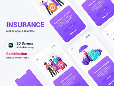 Insurance Mobile App UI Template android branding colorful family insurance fire insurance freelancer health insurance home insurance illustration insurance ios life insurance marine insurance psd template ui ux