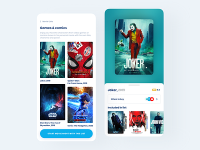 Squadflick. Movie Night app app blur cards comics design games ios joker mobile movie movie night movie poster sonnic spider man starwars ui ux