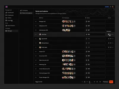 Company ranks and salaries dark dark mode dashboard minimal product product design saas saas design settings table