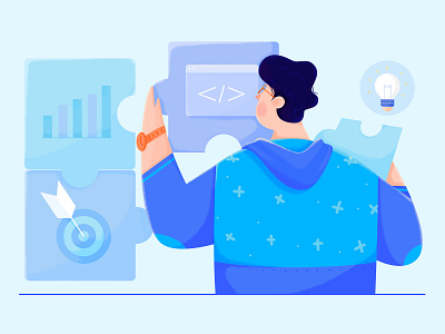 Product Management affinity designer blue boy business character chart code gorw idea illustration info infomation jumpstart man office people puzzle target uran work