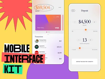 Mobile Interface Kit from thePenTool balance colorful credit card deposit mobile mockup slider transactions ui kit