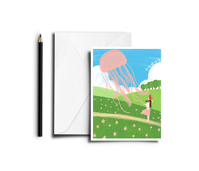 Kite flying girl illustration