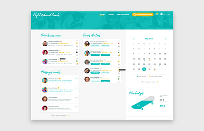 Dashboard agenda avatar blue calendar chat colors dashboard dashboard design dashboard ui green header messaging schedule skate skateboard stars tags ui uidesign