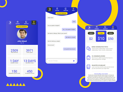 Learn Vocabulary App Concept app ui blue chat chat app concept dashboad design elearning learning listing pricing stats