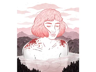 April: Who Had Her Head in the Clouds character clouds girl illustration illustration art meditation naked nude photoshop pink