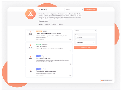 Prodcamp - Customer feedback management platform app branding customer feedback dashboad design management marketing platform roadmap software support user wishlist