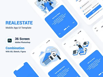 Real Estate Mobile App UI Template apartement blue booking buy clean customizable dark design elements figma flat golden home ios iphone 11 mobile app realestate ui uidesign ux