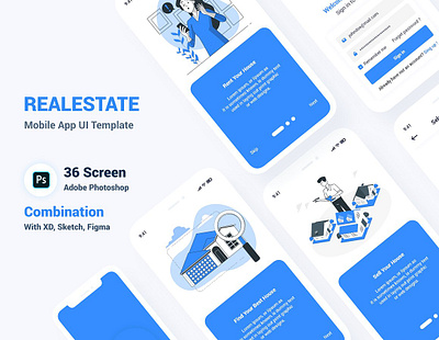 Real Estate Mobile App UI Template apartement blue booking buy clean customizable dark design elements figma flat golden home ios iphone 11 mobile app realestate ui uidesign ux