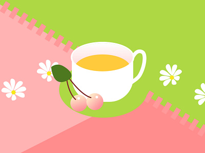 Picnic-cup of tea cherry color cups design dessin draw flower green illustration picnic tea 插图