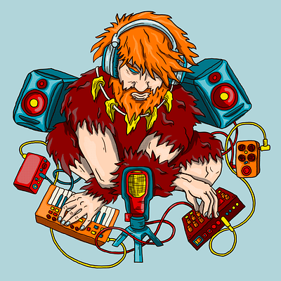 Music album cover "Caveman" album cover caveman electronic music headphones illustration music instruments speakers synthesizer