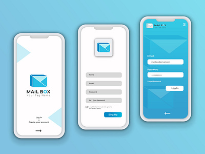 Mail Box brand identity logo and ui design. brand identity branding colorful company logo design flat graphic design icon logo logo design mail mailbox mark modern logo motion phone ui ui ux vector