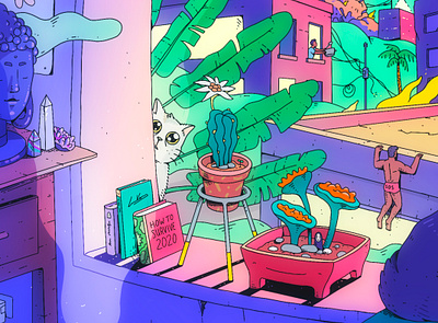 The New Normal . | Detail | 2020 art book bright buddha cactus cat illustration kawaii surreal window