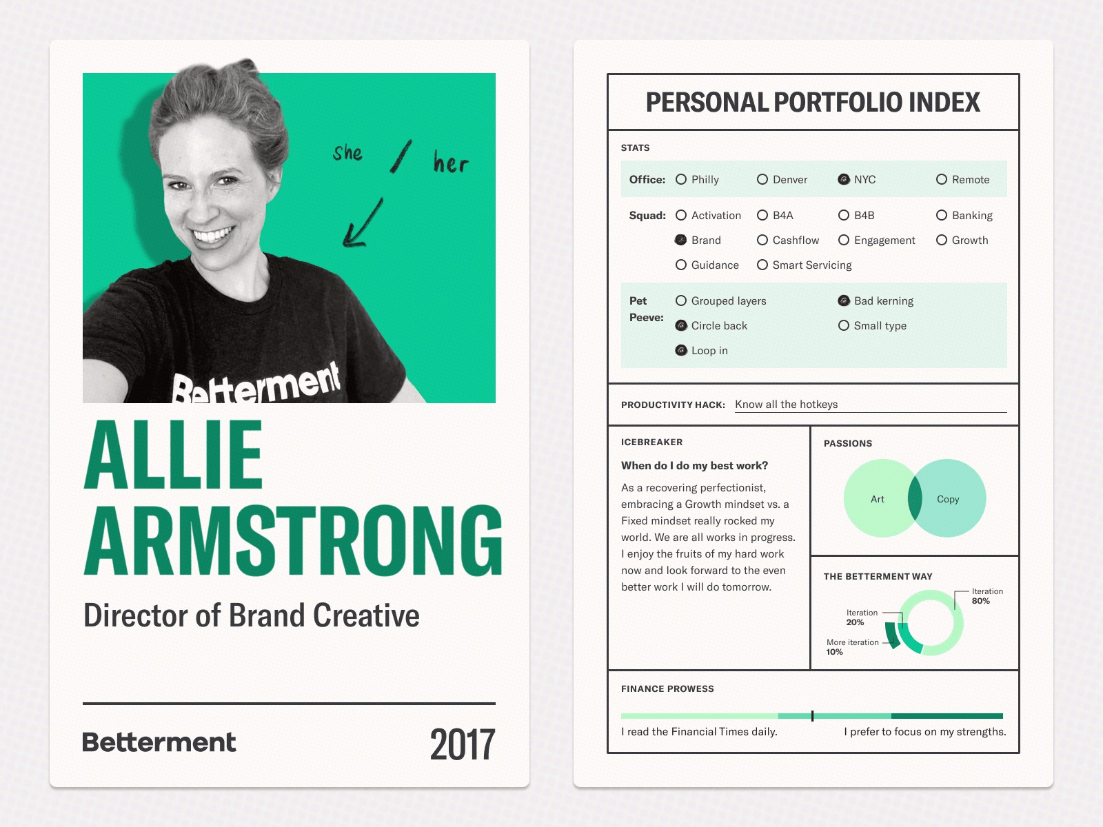 Betterment Design and Product team trading cards baseball cards branding data viz design fintech illustration logo product design pronouns scantron typography ux