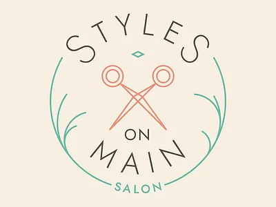Styles On Main Logo badge circle circular flat hair lines logo peach salon scissors strokes teal