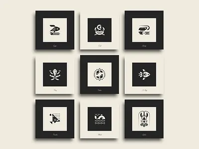 Mini paintings. Underwater series. crab fish fishes frog geometric illustration lobster logo mark modern ocean piranha sea shrimp symbol underwater whale