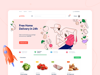 Grocery Ecommerce character clean ui dribbble ecommerce ecommerce design ecommerce website element flat food gridlab grocery illustraion jumbotron landingpage line drawing startup trending vegitable web web hero