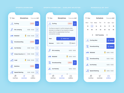 Olympics app app design blue cyan list mobile schedule sport timetable ui uxdesign