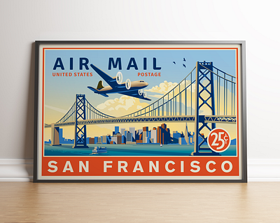 U.S. Airmail San Francisco Full Poster airplane san francisco travel usps vector vector illustration vintage inspired