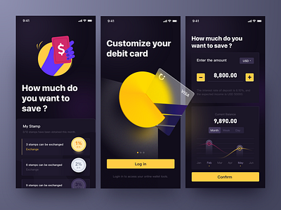 Virtual bank app dark mode account analytics banking dark mode data debit card design finance fintech app graphic mobile money product design savings sketch ui user interface ux vector