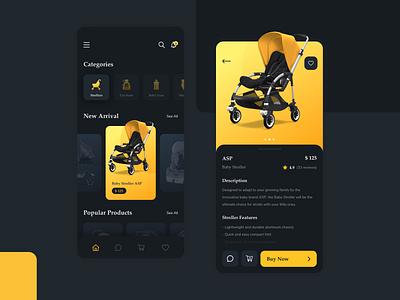 Baby Store App Dark Mode Exploration app baby darkmode design ecommerce ecommerce app illustration mobile product shop shopping app stroller ui uiux yellow