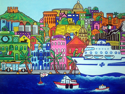 Cagliari Port View acrylics landscape paint popart sardinia uniposca