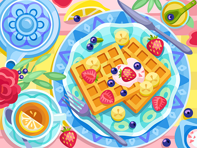 Belgian waffles art artwork bananas berry breakfast colorbook coloringbook digital draw flat food game gameart graphicdesign illustration lemon tea vector waffles web