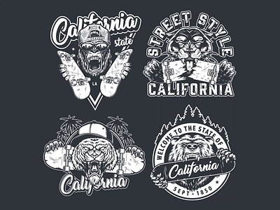 California Animals with Skates Designs adobe illustrator animals apparel design bear california californiaclothing gorilla monochrome skate skateboard skateboarding t shirt design vector vector illustration vintage