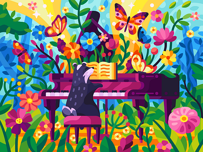 Forest melody badger beresnevgames butterflies cartoon childish coloring book flatdesign flowers forest gallery game art game illustration garden music piano plants spring summer vector illustration