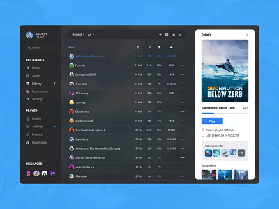 Concept Epic Games | Library #13 achievements app application application design concept control desktop detailed details epic games games launcher library list management player store ui ux