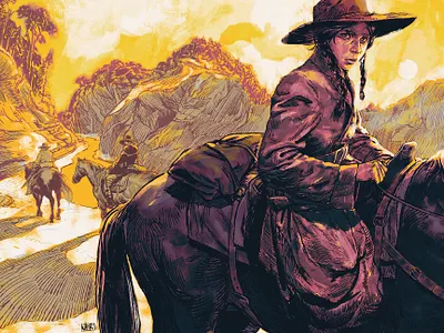 True Grit book cover character digital folioart illustration landscape pen and ink publishing