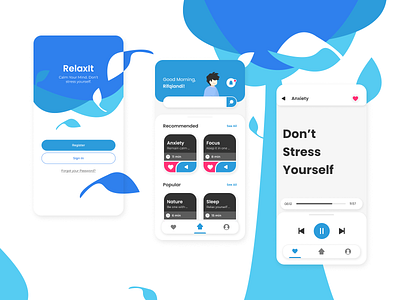 Relaxation App blue calm design designer ilustration mobile design mobile ui nature peaceful relax relaxation rounded soothing ui uidesign uiux uiuxdesign uplabs