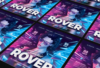 Party Flyer DJ Neon dj electronic flyer girl glasses glow neon party retrowave rover synth synthwave techno woman