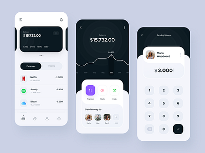 Banking App app app design bank bank app banking banking app clean credit card data finance finance app minimal mobile mobile banking app money payment statistic transaction ui wallet
