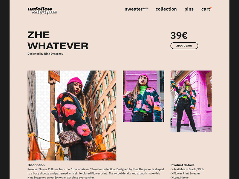 Unfollow Shop Detail Page of Collection Item botique brand brutalist design clothing design ecomerce ecommerce business fashion graphic m4terial millennial minimal online pink shop store ui ui ux ux web