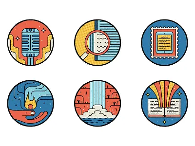 Sojourners flame graphic hand icon set icons illustration linework magnifying glass microphone minimal stamps texture vector waterfall