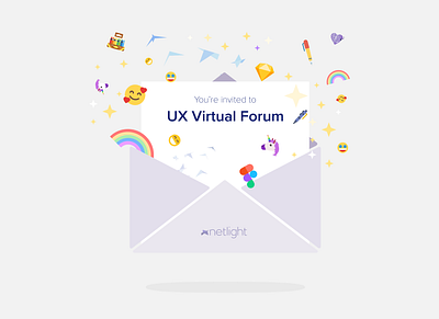 UX Virtual Forum artwork branding design emoji envelope flat illustration invitation invite letter logo minimal netlight purple ui unicorn vector web