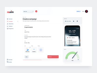 ReAim - Create a Campaign app audience calendar campaign input input fields marketing modal notification notifications platforms push push notification reach remarketing remarketing campaign sass schedule setup web app