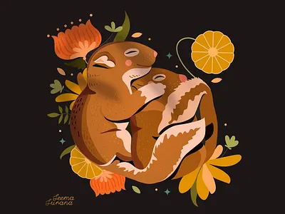 Warm fuzzy feeling cute animals illustration warm tones